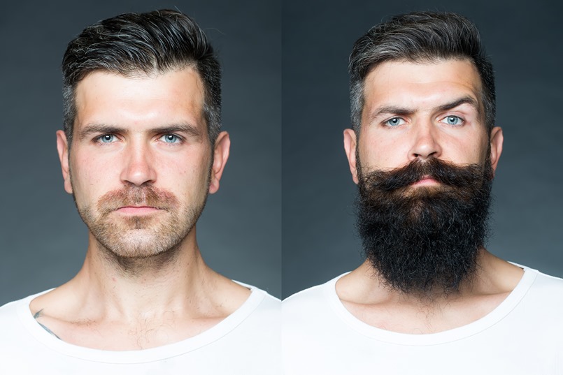 Closeup portrait of two merged images of one man on left bristle haired on right unshaved with long beared and moustache on grey background, horizontal picture